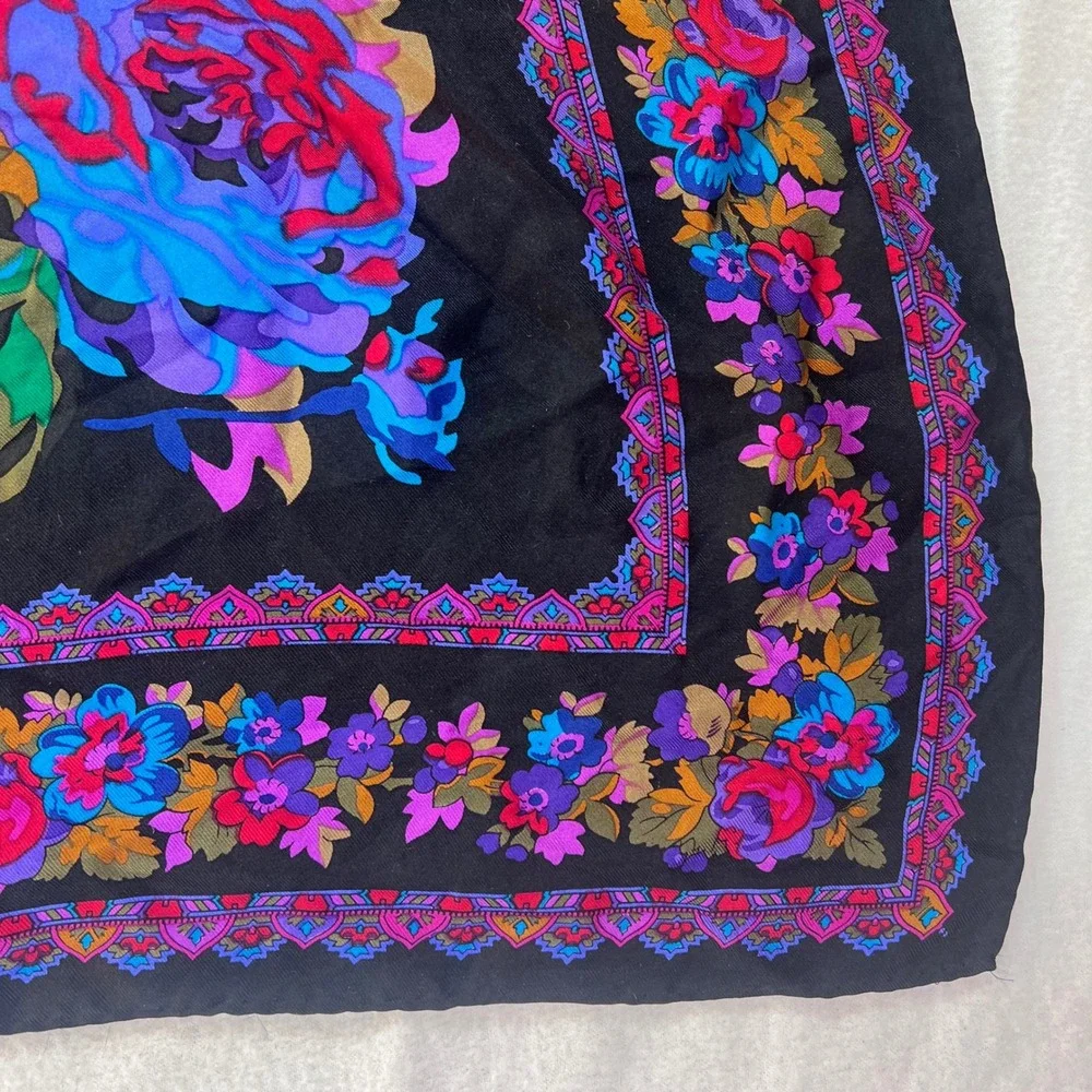 Vintage Floral Square Scarf Black Blue Pink Rose Print Large 34x34 Retro Shawl
